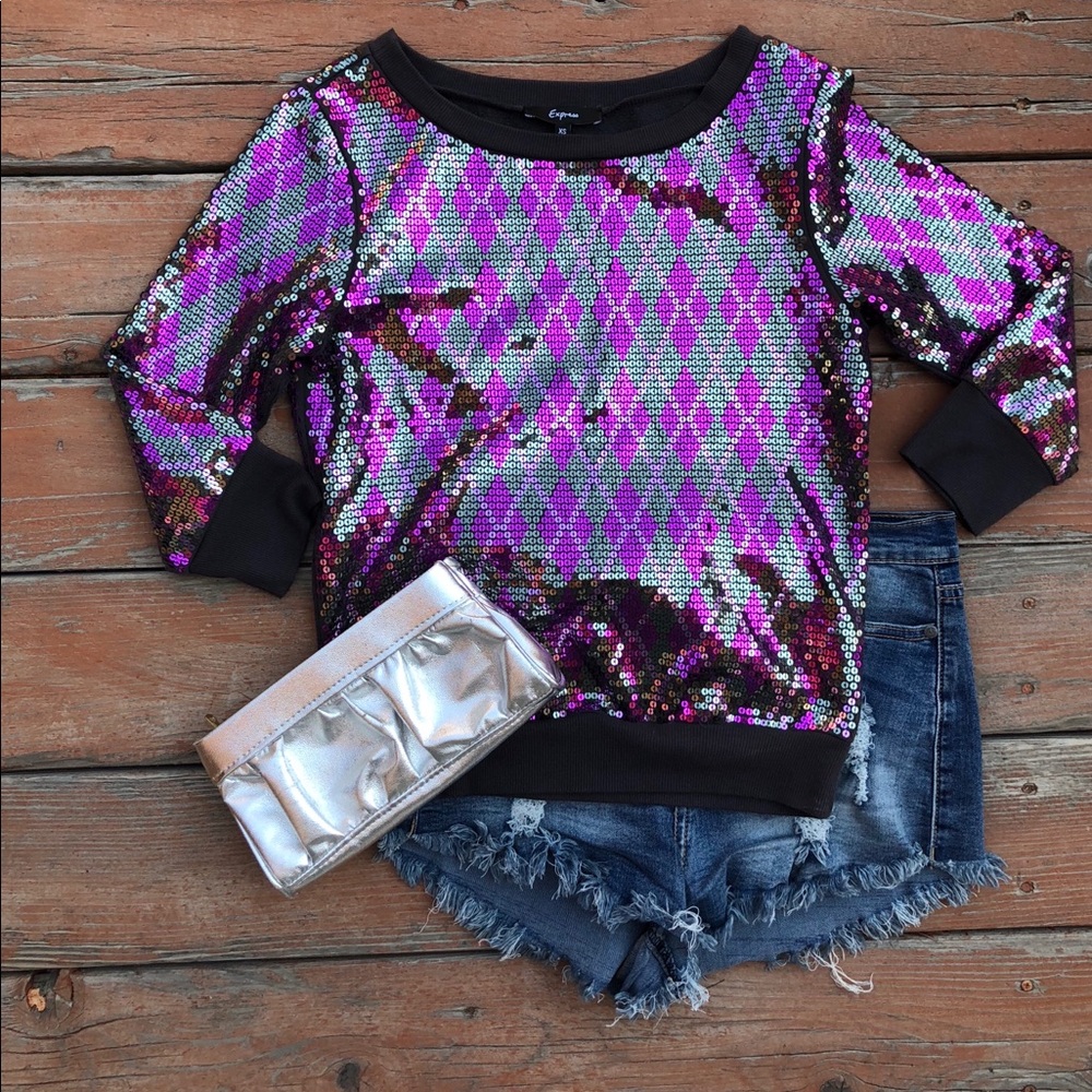 Express Purple Silver Sequin Sweatshirt Top Shirt